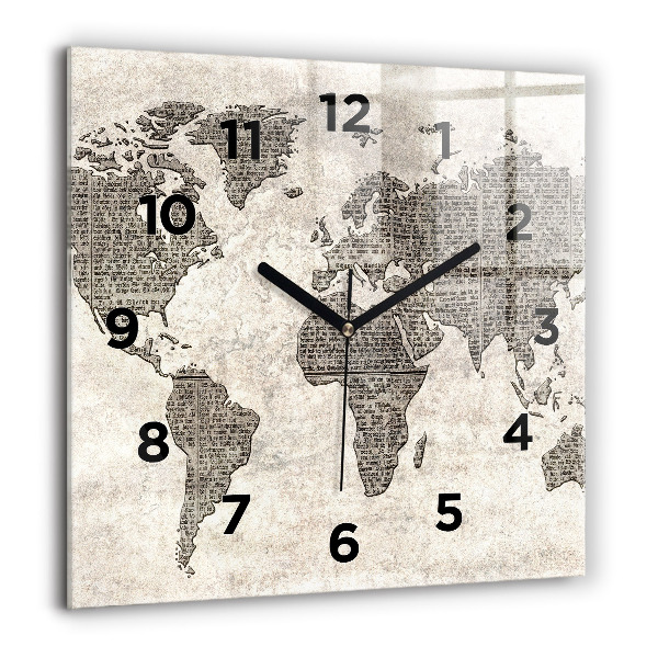 Square glass wall clock World map newspaper