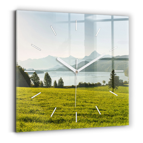 Square glass wall clock Mountains and field