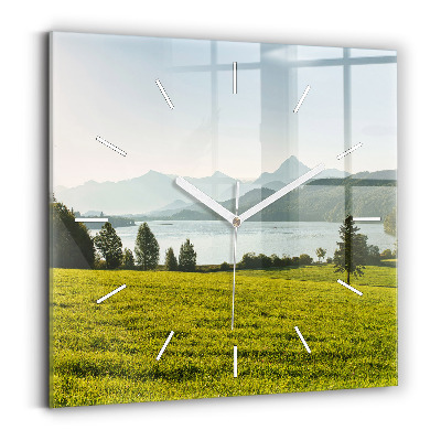Square glass wall clock Mountains and field