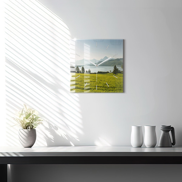 Square glass wall clock Mountains and field