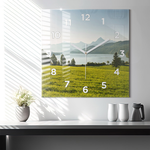 Square glass wall clock Mountains and field