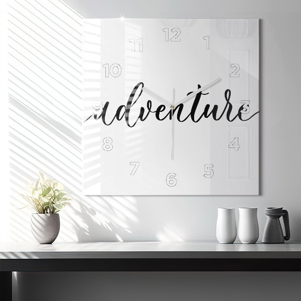 Square glass wall clock Adventure inscription