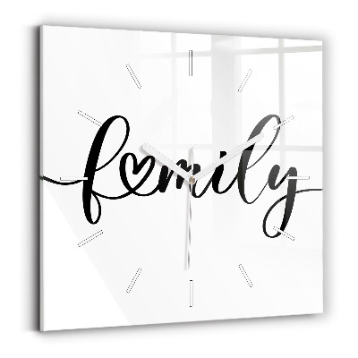 Square glass wall clock Family inscription and heart