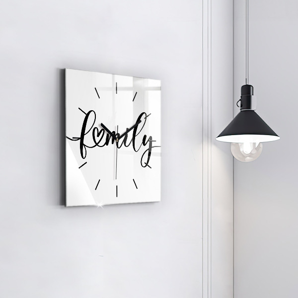 Square glass wall clock Family inscription and heart