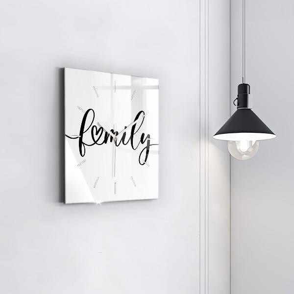 Square glass wall clock Family inscription and heart