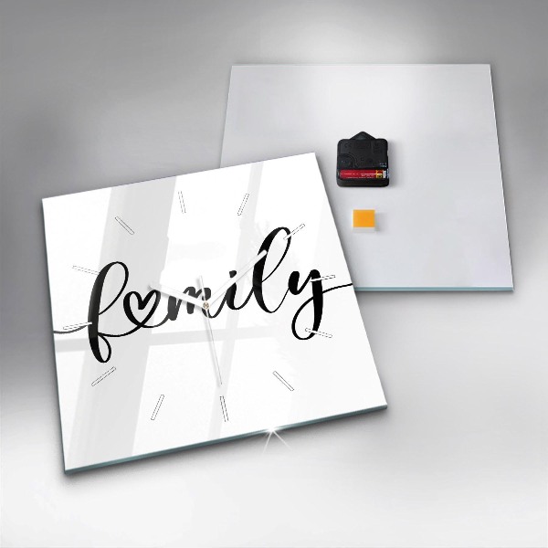 Square glass wall clock Family inscription and heart