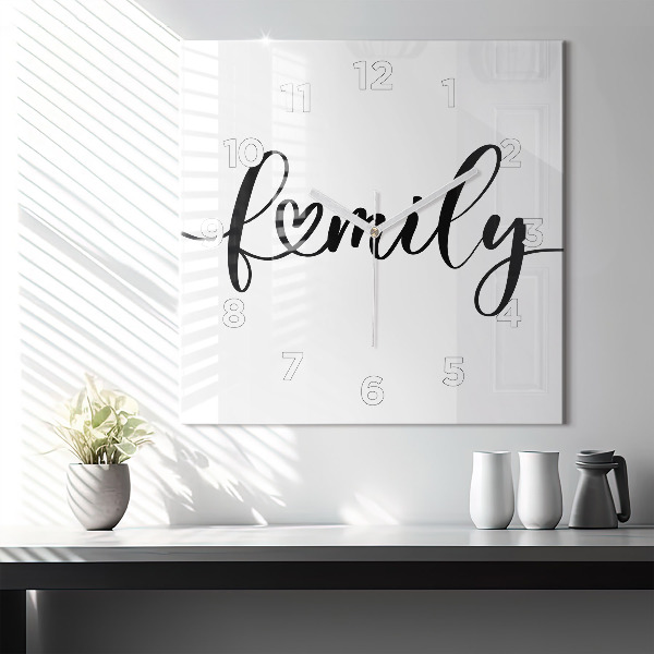 Square glass wall clock Family inscription and heart