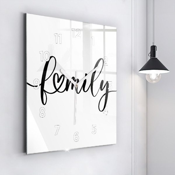 Square glass wall clock Family inscription and heart