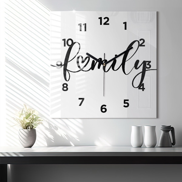 Square glass wall clock Family inscription and heart