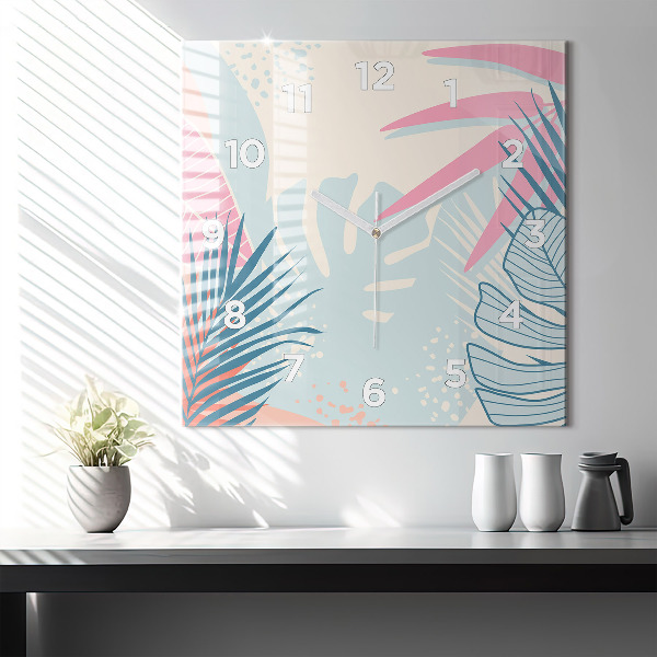 Square glass wall clock Pastel Leaves – Tropics