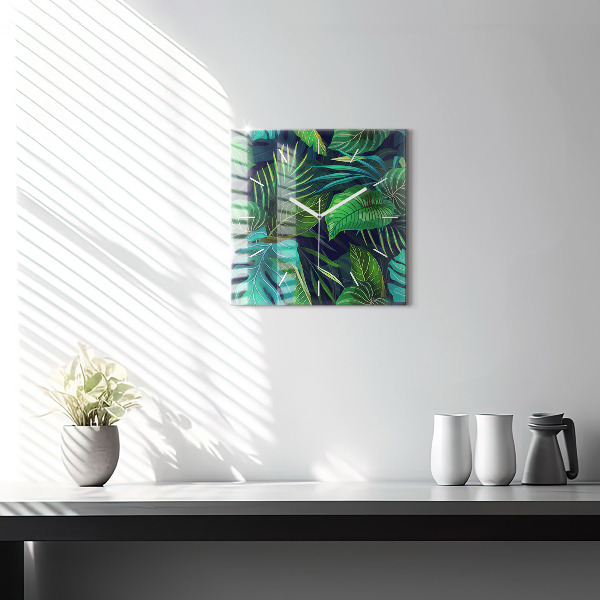 Square glass wall clock Exotic leaves