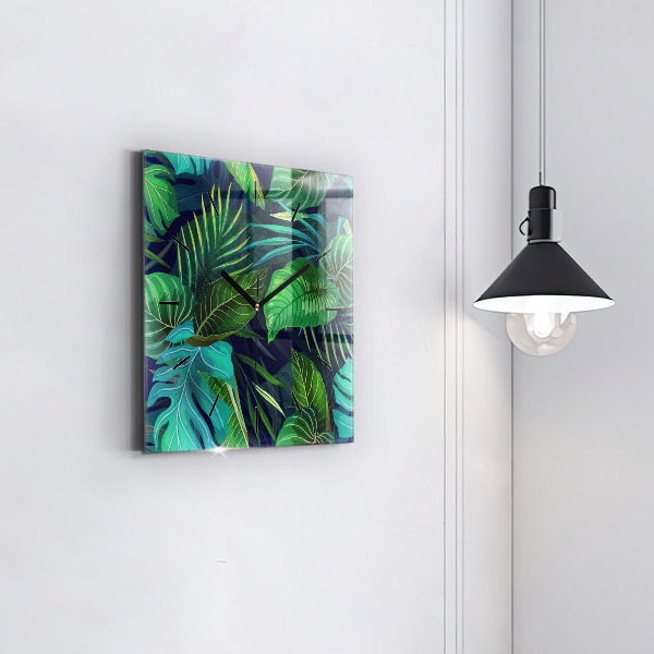 Square glass wall clock Exotic leaves
