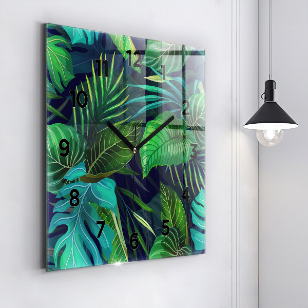 Square glass wall clock Exotic leaves