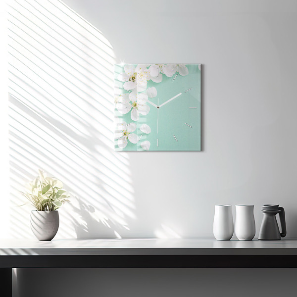 Square glass wall clock Blooming apple blossoms