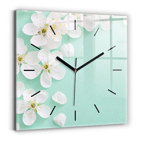 Square glass wall clock Blooming apple blossoms