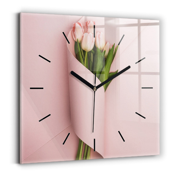 Square glass wall clock Tulip flower bouquet