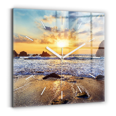 Square glass wall clock Sunset on the beach