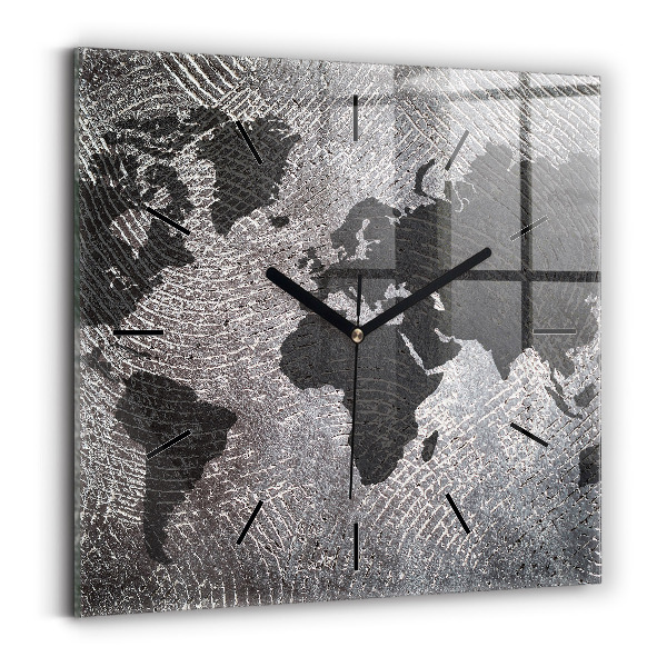 Square glass wall clock World map concrete