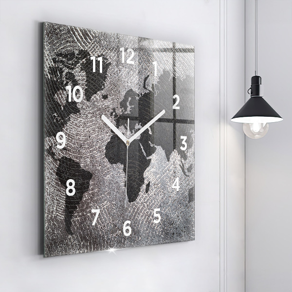 Square glass wall clock World map concrete
