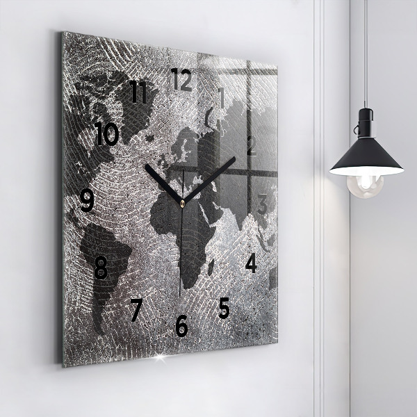 Square glass wall clock World map concrete