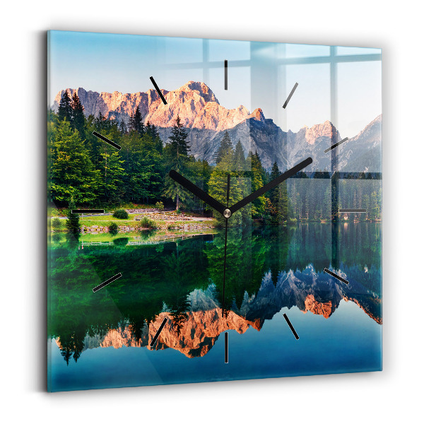 Square glass wall clock Lake landscape