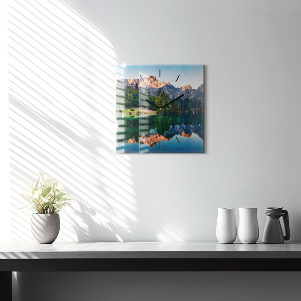 Square glass wall clock Lake landscape