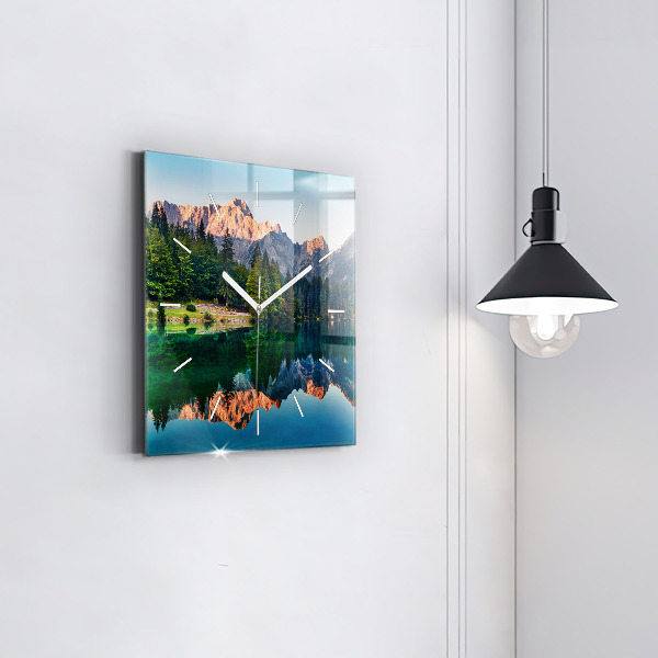 Square glass wall clock Lake landscape