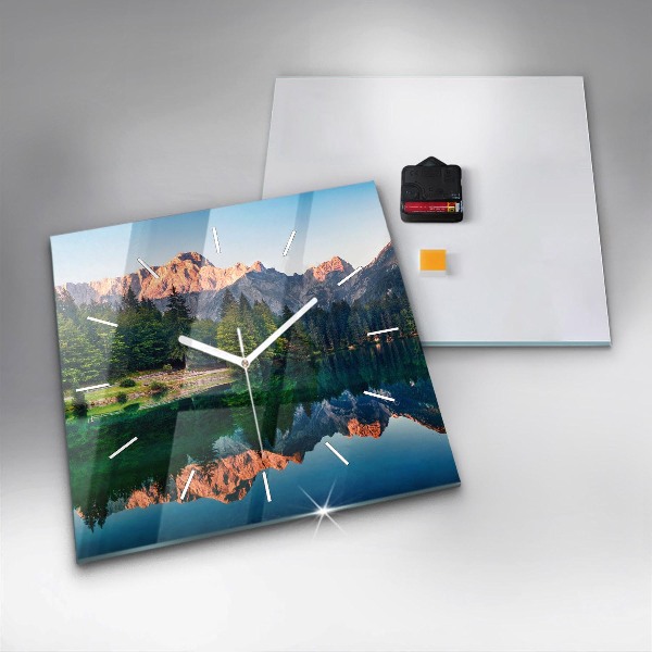 Square glass wall clock Lake landscape