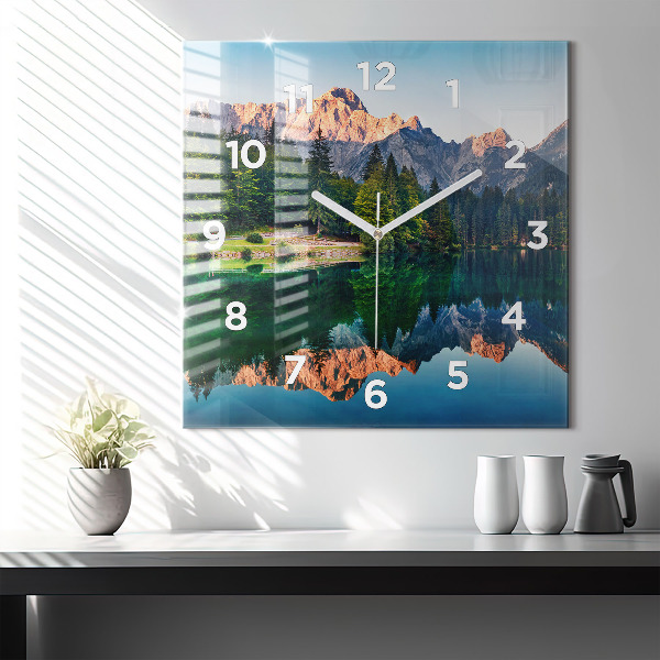 Square glass wall clock Lake landscape