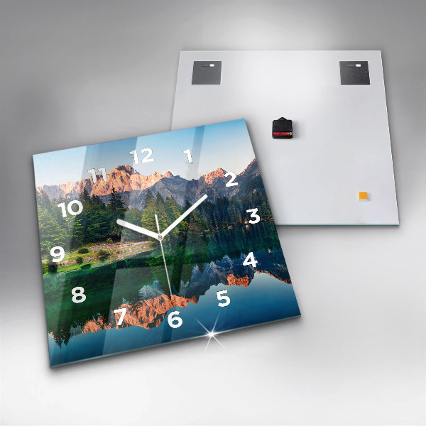 Square glass wall clock Lake landscape