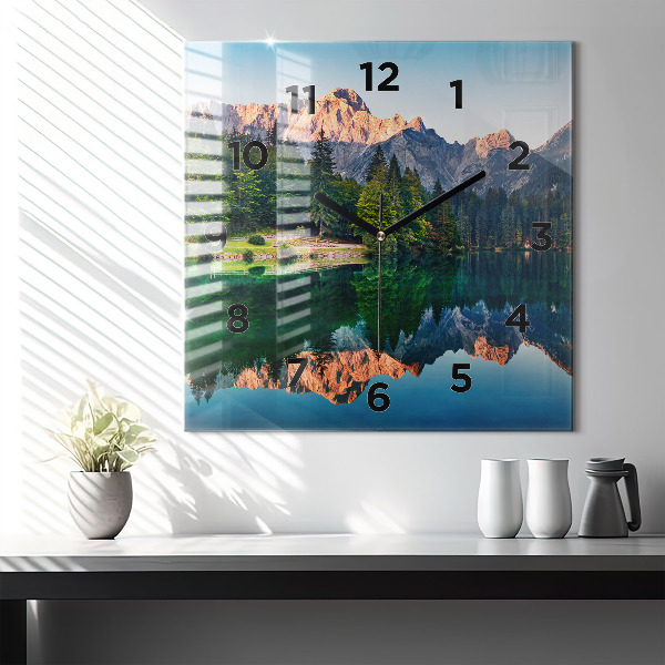 Square glass wall clock Lake landscape