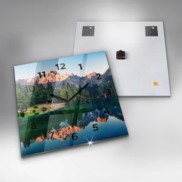 Square glass wall clock Lake landscape