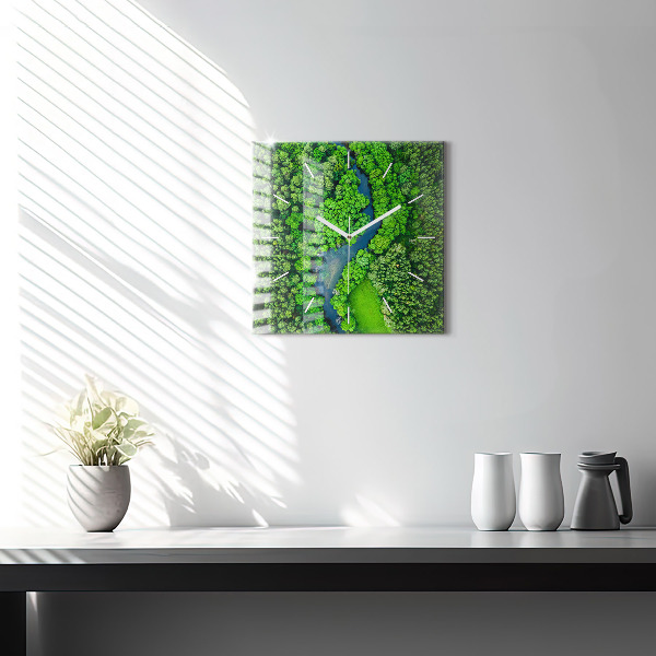 Square glass wall clock River in the forest