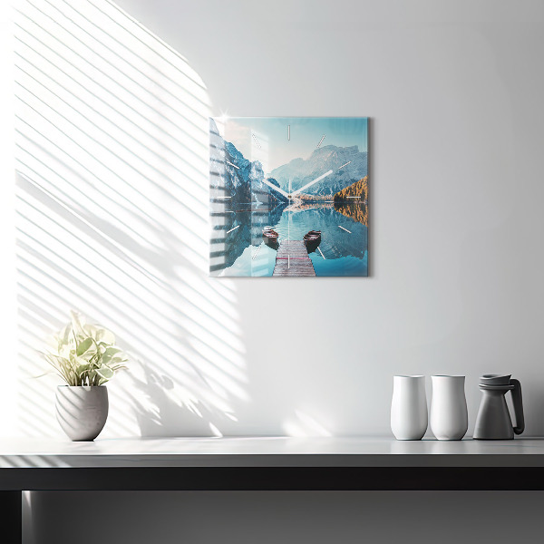Square glass wall clock Boats on the lake