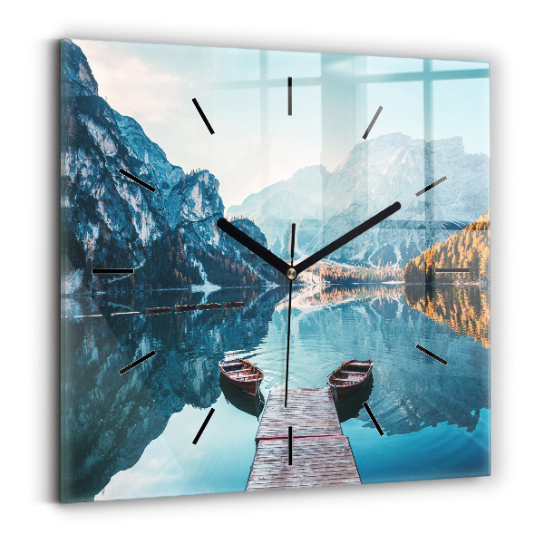 Square glass wall clock Boats on the lake