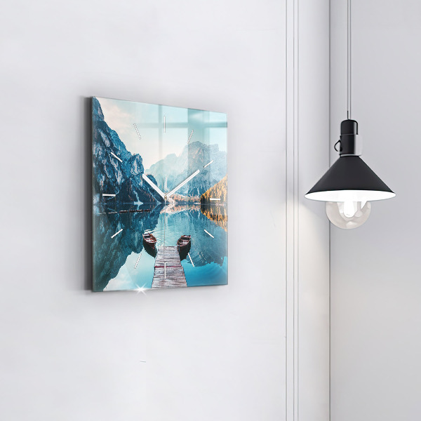 Square glass wall clock Boats on the lake