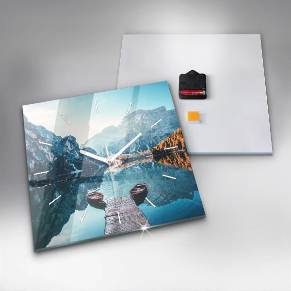 Square glass wall clock Boats on the lake