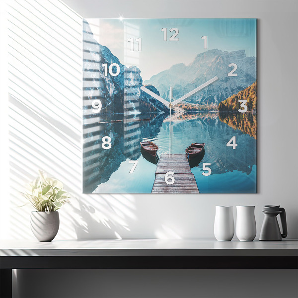 Square glass wall clock Boats on the lake