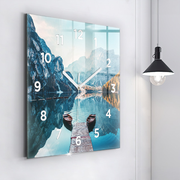 Square glass wall clock Boats on the lake