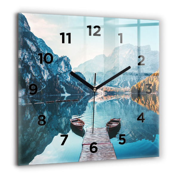 Square glass wall clock Boats on the lake