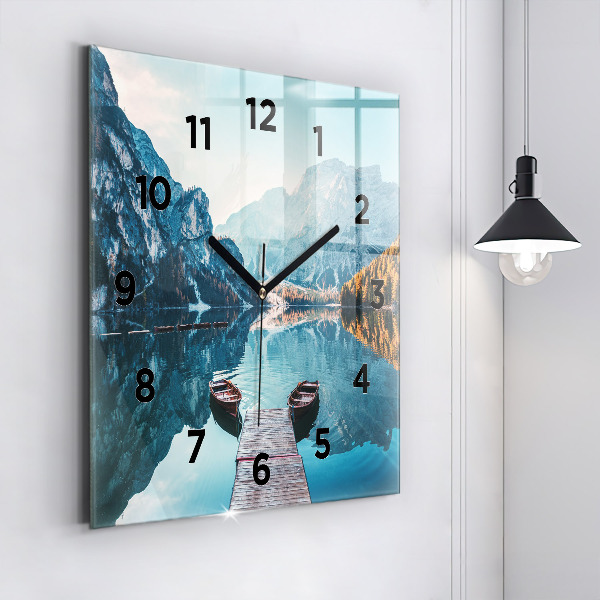 Square glass wall clock Boats on the lake