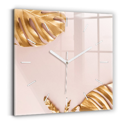 Square glass wall clock Golden tropical leaves