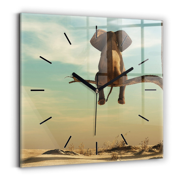 Square glass wall clock Elephant on a tree