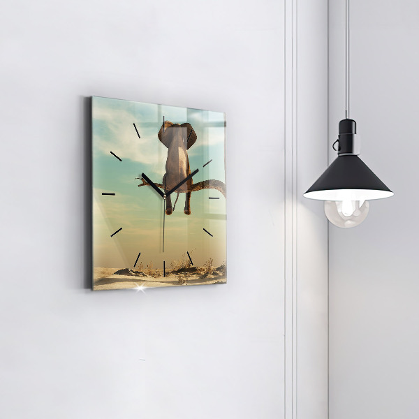 Square glass wall clock Elephant on a tree