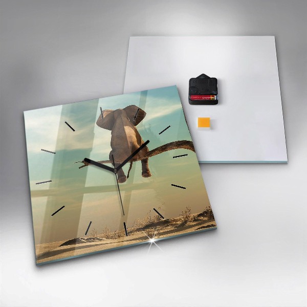 Square glass wall clock Elephant on a tree