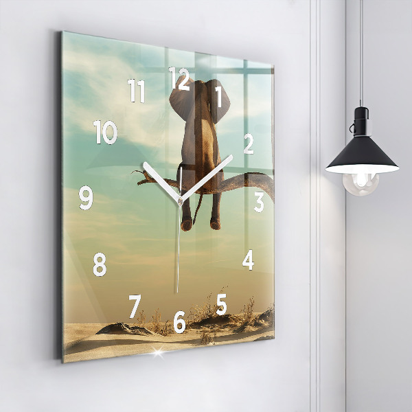Square glass wall clock Elephant on a tree