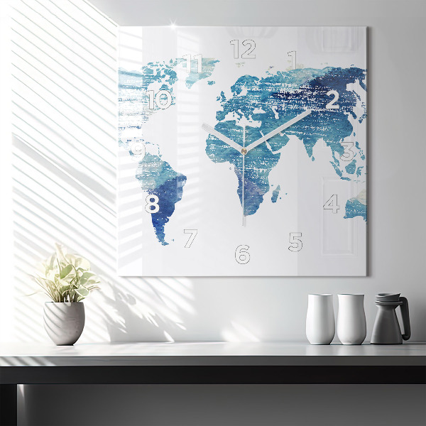 Square glass wall clock World map