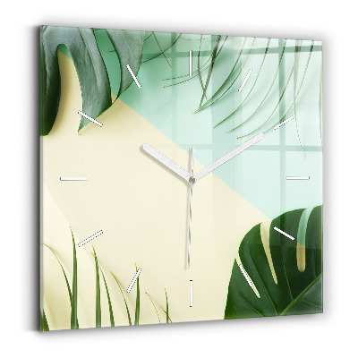Square glass wall clock Monstera leaves