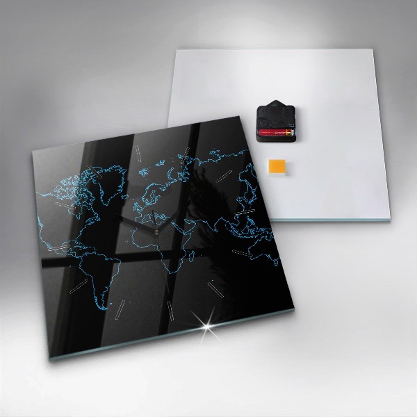 Square glass wall clock World map outlines