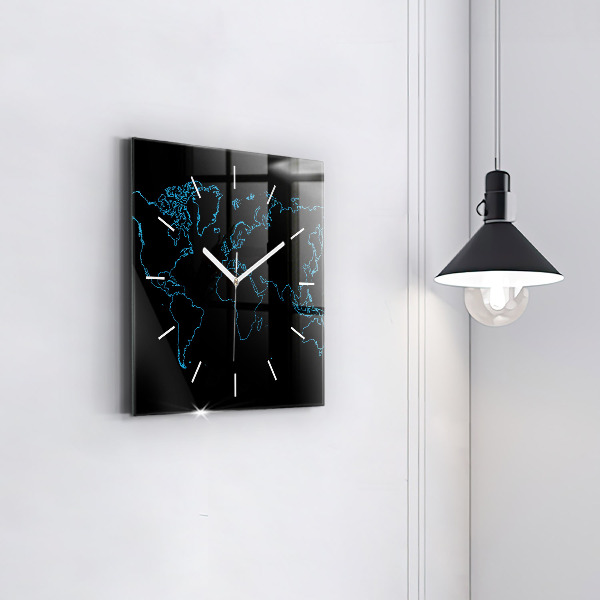 Square glass wall clock World map outlines